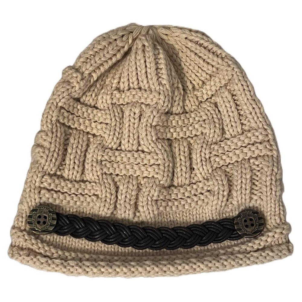 Beige Crocheted Beanie w/ Detailed Leather Strap/Buttons Accent, OS, Women's